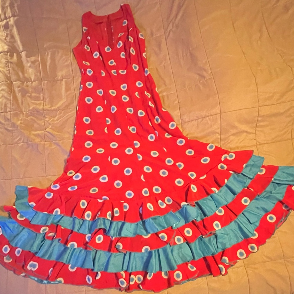Red and Blue Flamenco Dress Handmade in Spain - zipper back, v-neck, sleeveless